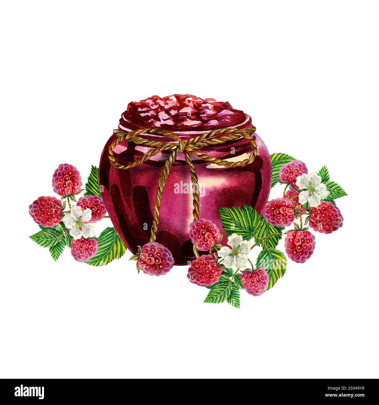 Raspberries and raspberry jam in a jar. Handmade watercolor ...