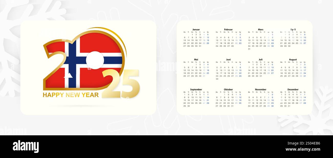 Horizontal Pocket Calendar 2025 in Norwegian language. New Year 2025