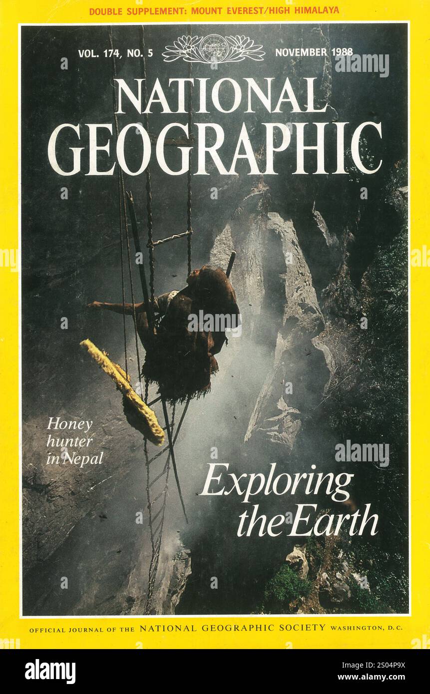 November 1988 National Geographic magazine cover- Honey Hunter in Nepal Stock Photo