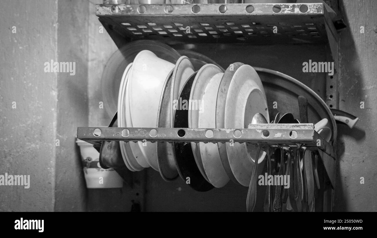 Rustic dish Drying Rack in Black and White Stock Photo - Alamy