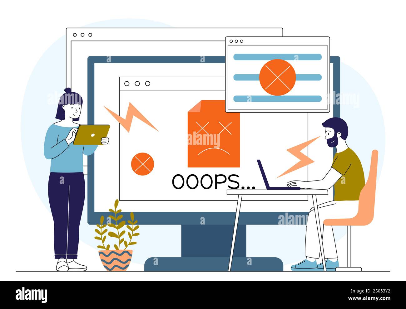People repairing computer. Man and woman near huge computer with error. Programmers and IT specialists correct errors in program or application code Stock Vector