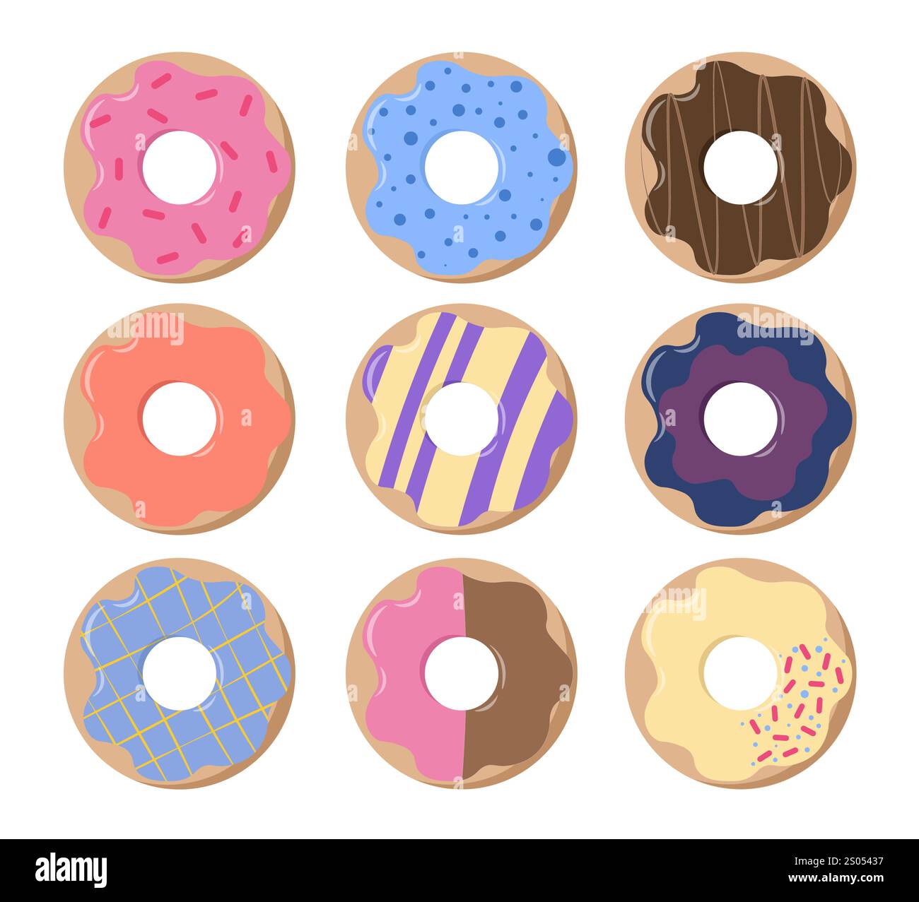 Set of donuts. Pack of donuts in various glaze top view. Pastry and ...