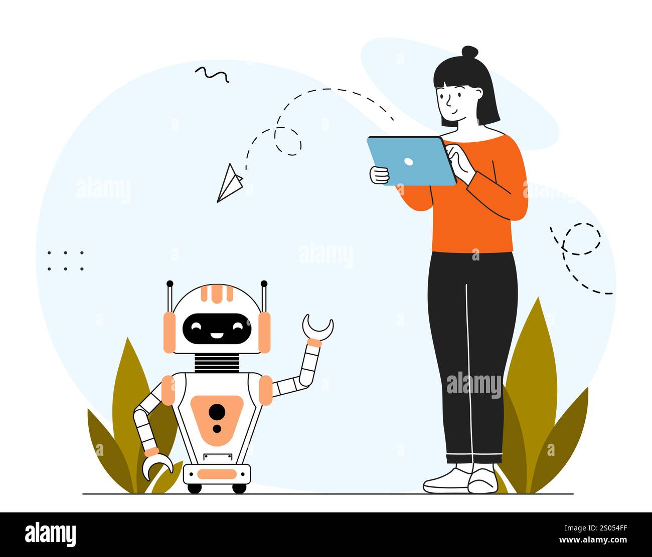 Remote control of robot. Woman with tablet near robot. Artificial ...
