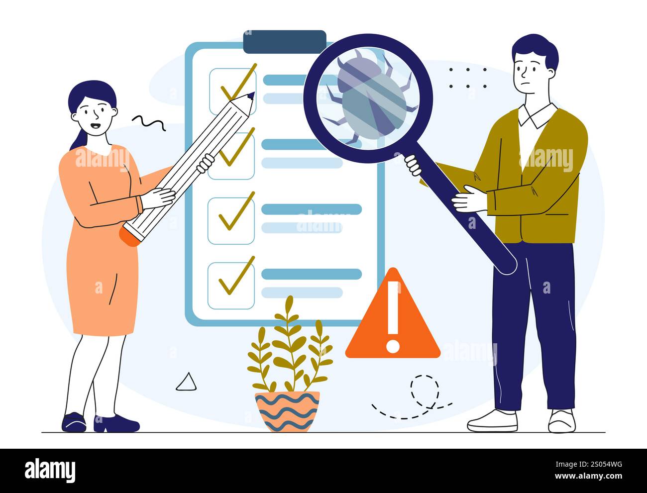 Testers looking for bugs. Woman and man with magnifying glass looking for errors in code. Testing of software, program or application. Programmers and Stock Vector