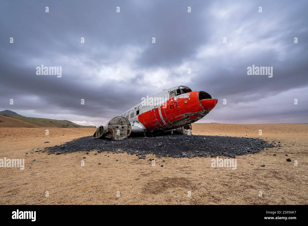 Abandoned wrecked airplane of DC3 on Eyvindarholt, Iceland. Nature, travel, winter background, or wallpaper Stock Photo