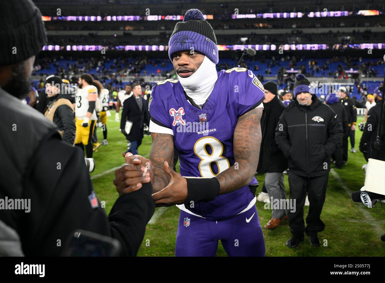 Baltimore Ravens quarterback Lamar Jackson (8) after an NFL football