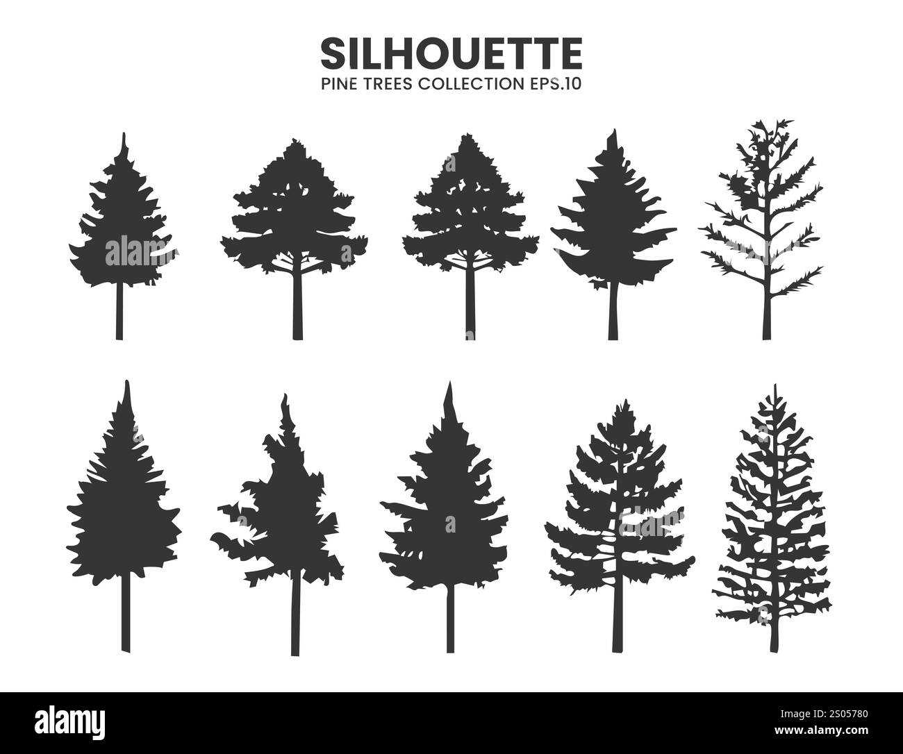 Silhouette pines trees collection vector background design stock