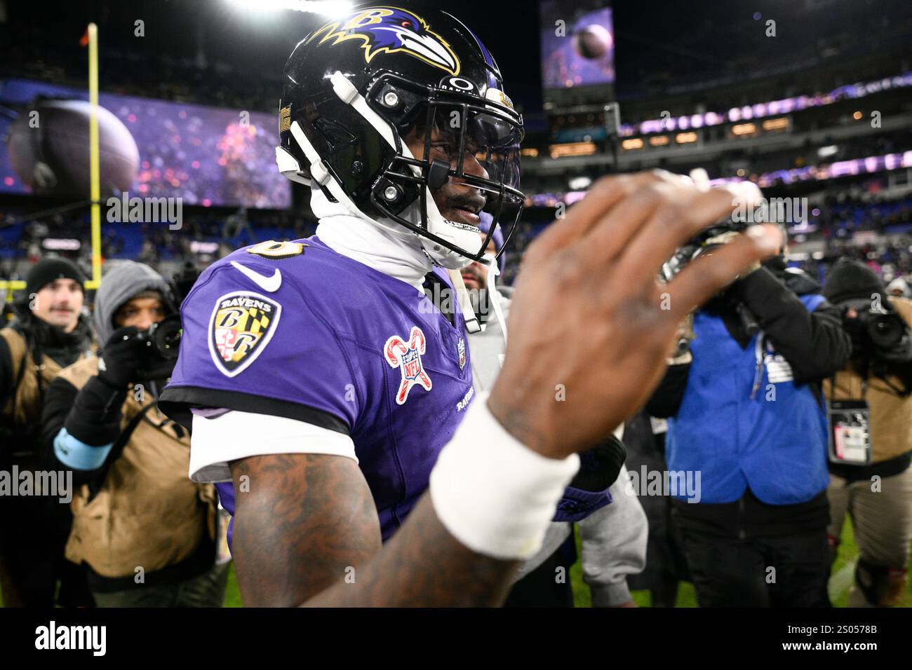 Baltimore Ravens quarterback Lamar Jackson (8) after an NFL football