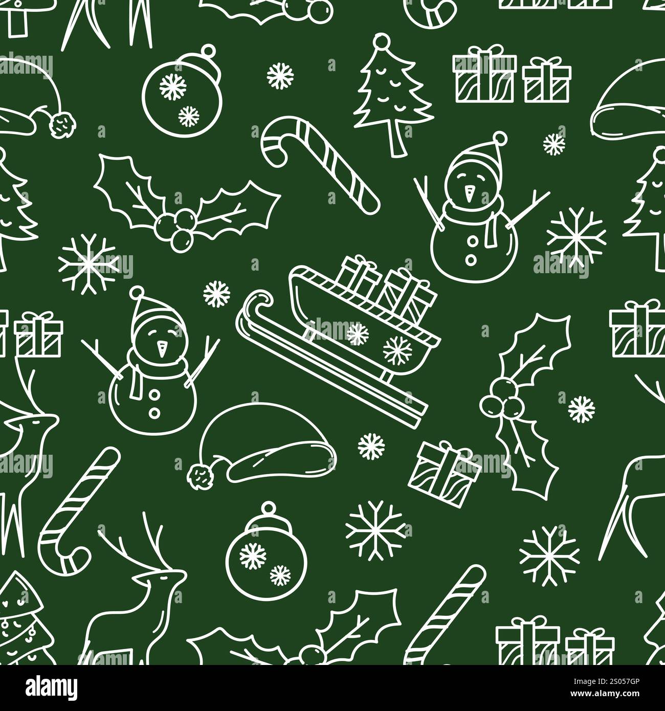 Christmas Seamless Pattern in Green with Hand-Drawn Doodle Elements ...