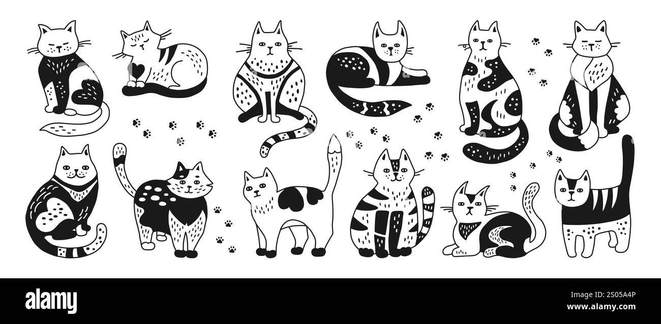 Cats hand drawn doodle childish set. Cute black and white kitten with ...