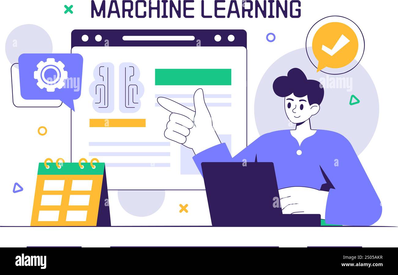Machine Learning Vector Illustration featuring Artificial Intelligence Jobs, Scientists Working with Big Data and Technology Engineers in a Background Stock Vector