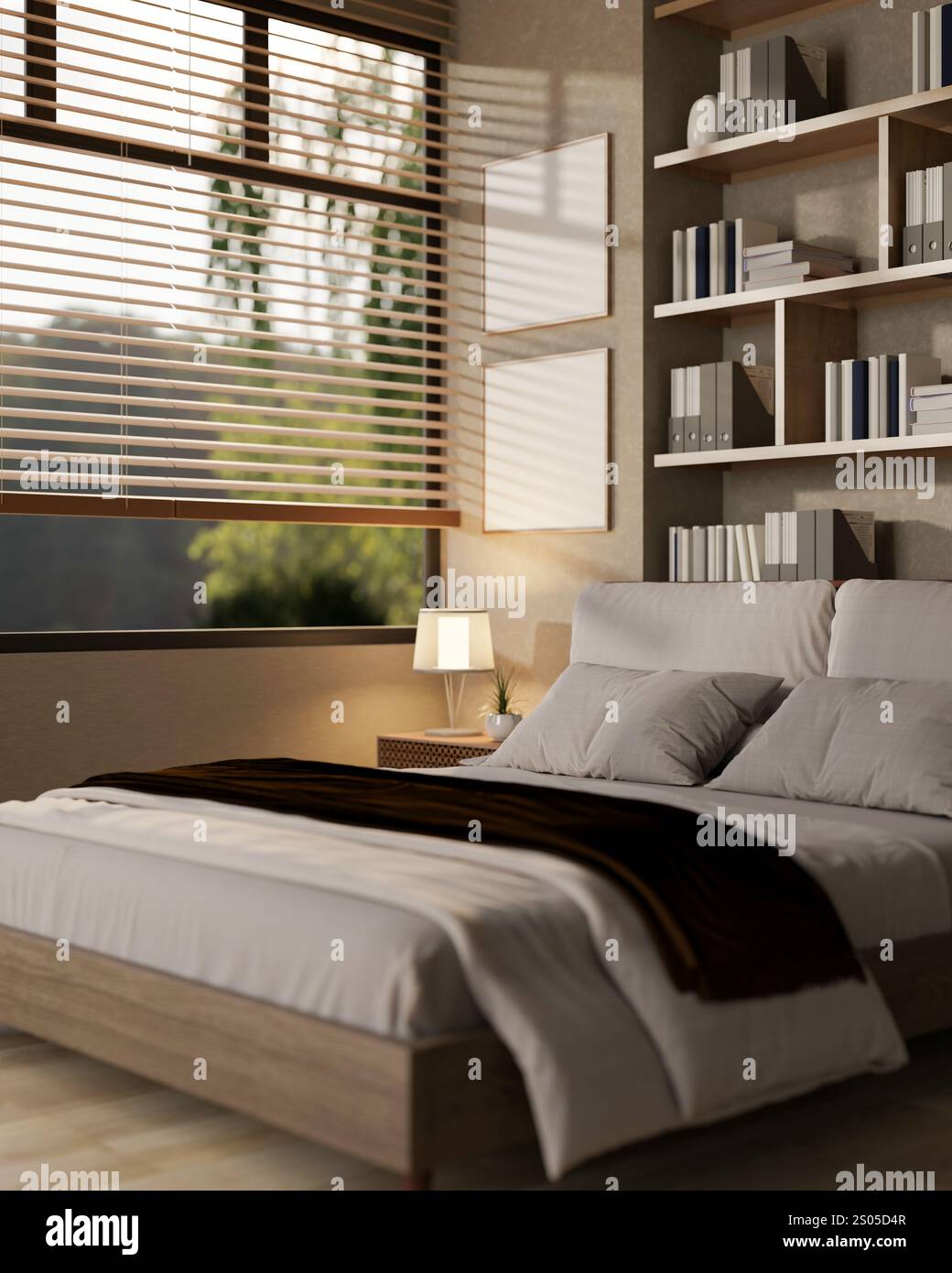 A modern, comfortable bedroom interior design featuring a cozy grey bed