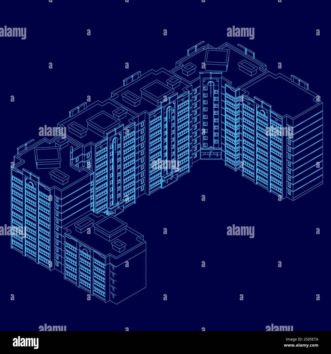 Blue drawing of a building with a lot of windows. The building is tall ...