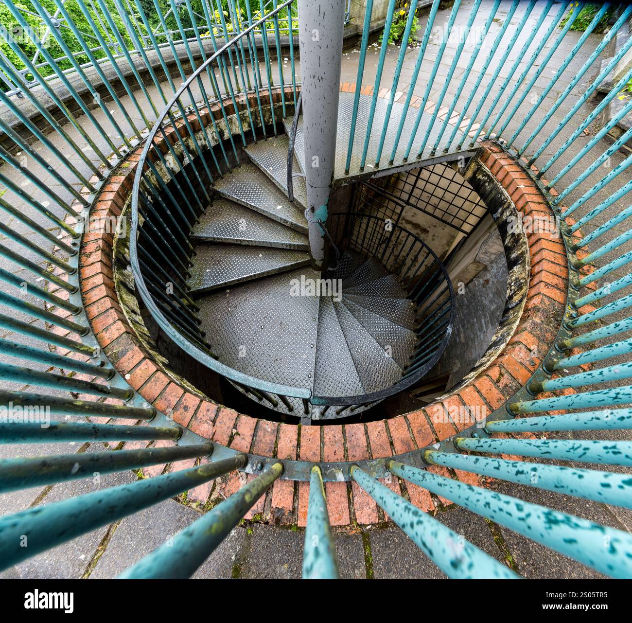 A striking spiral staircase at the Hill Garden and Pergola in Hampstead, London, UK. This architectural gem merges rustic charm with elegant design. Stock Photo