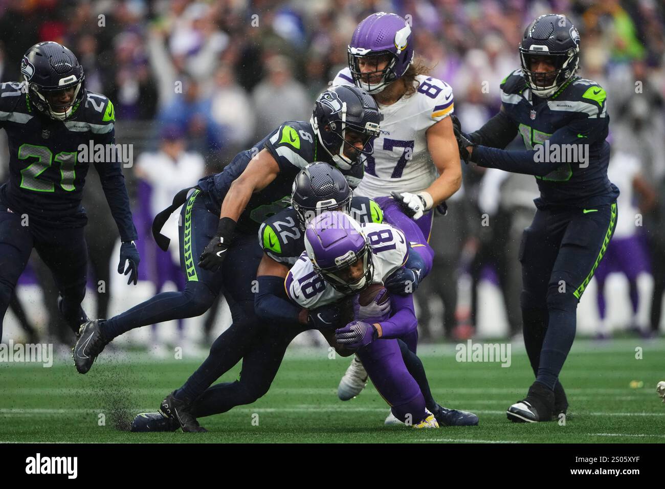 Seattle Seahawks cornerback Tre Brown (22) and cornerback Coby Bryant ...