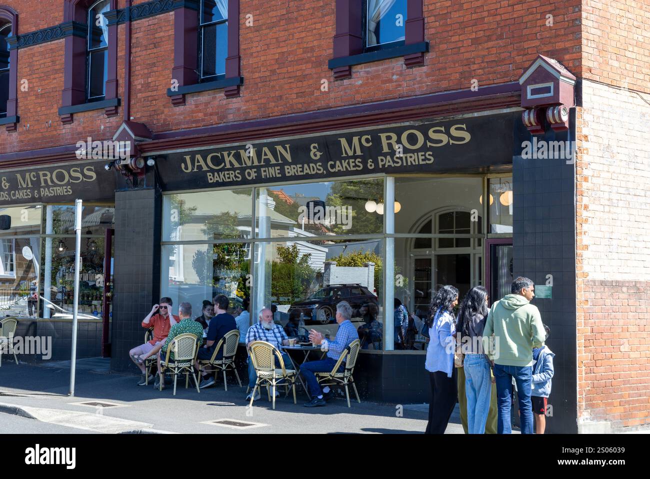 Hobart Tasmania, Jackman and Ross cafe bakery in Battery point historic area of Hobart with people outside enjoying coffee and breakfast,Australia Stock Photo