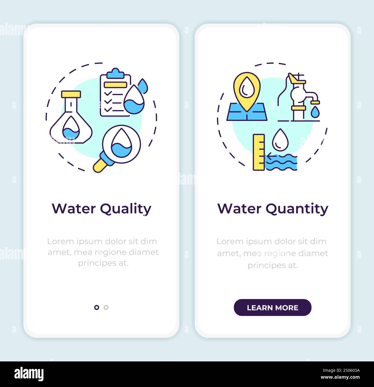 Water quantity and quality nexus onboarding mobile app screen Stock Vector