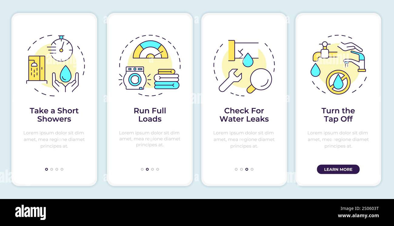 Water saving tips onboarding mobile app screen Stock Vector