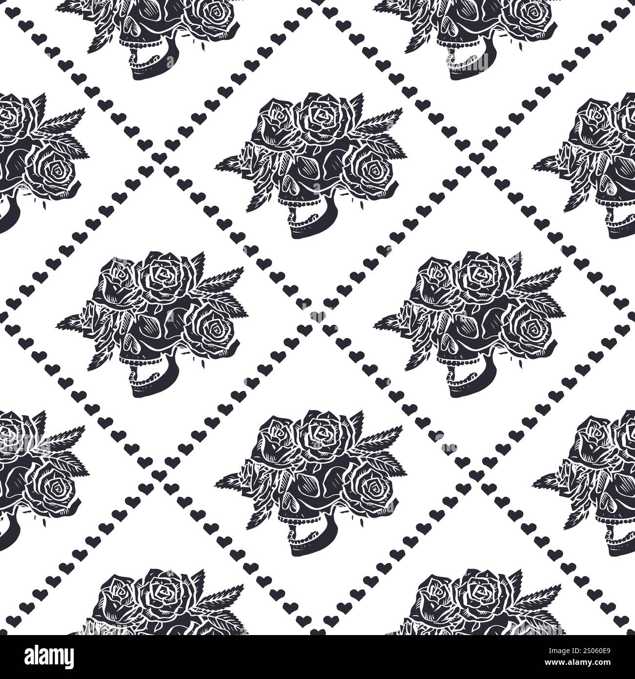 Seamless pattern with hand drawn black and white human skulls and rose flower wreath inside trellis Stock Vector