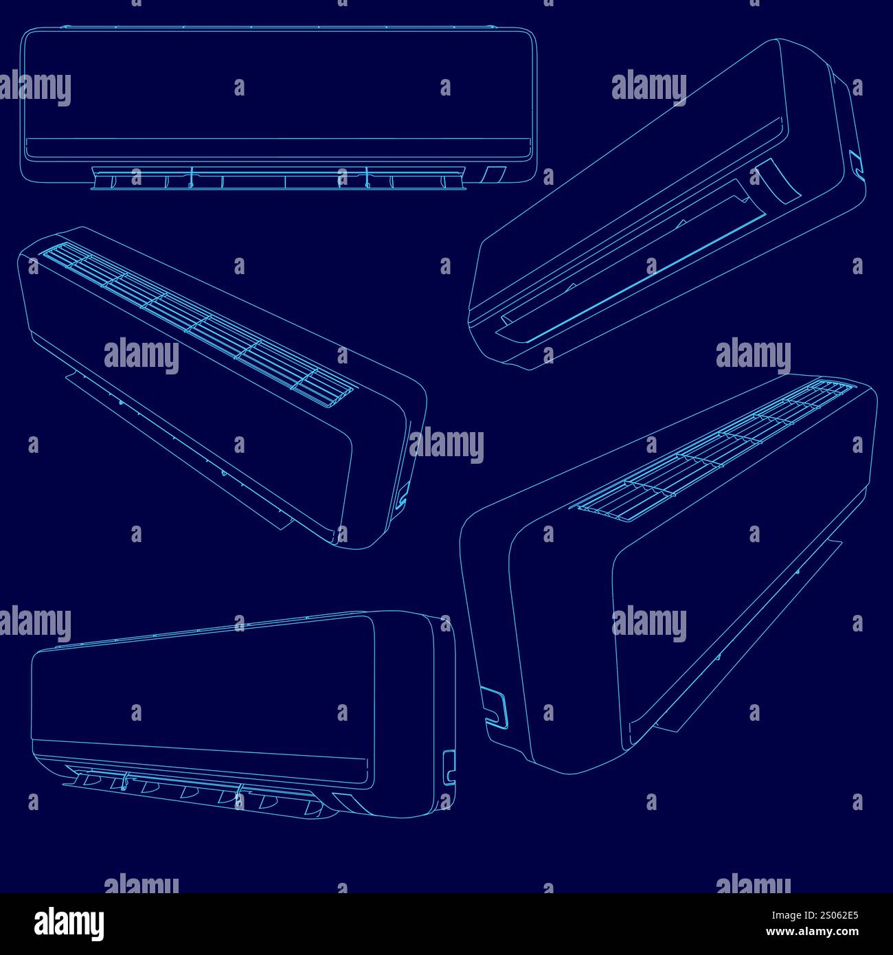 Series of blue drawings of a central air conditioner. The drawings are ...
