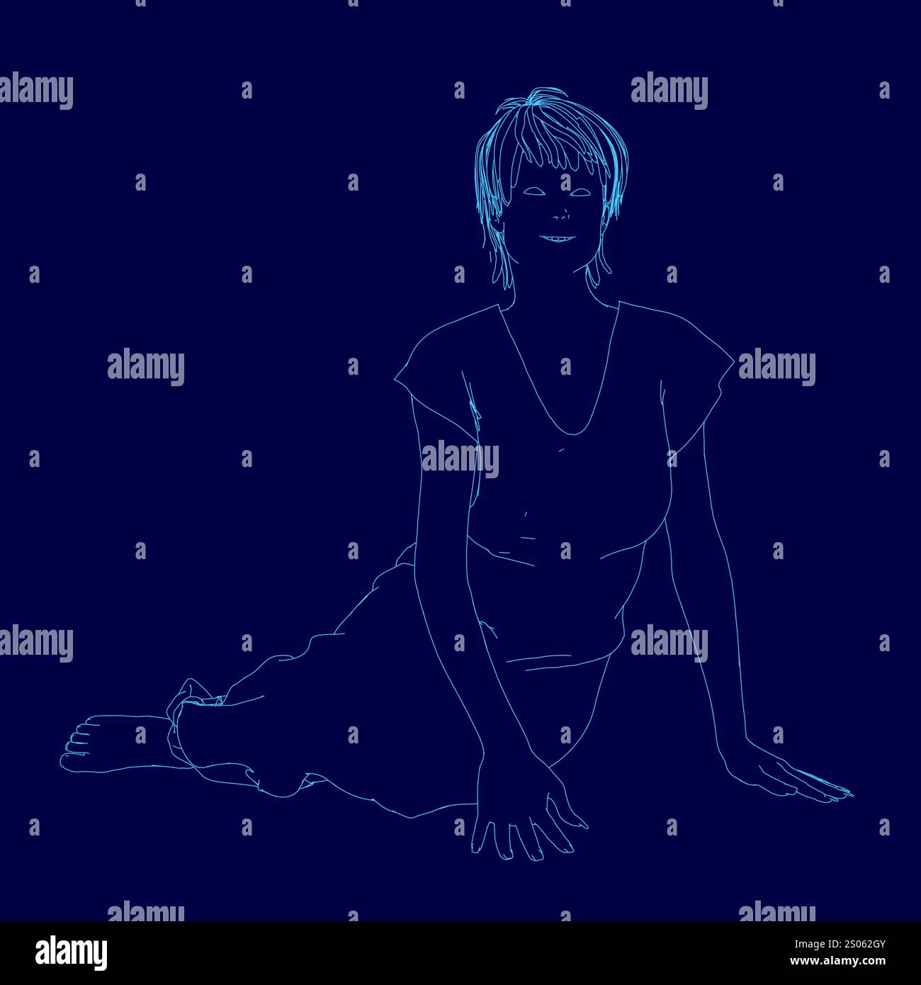 Woman is sitting on the ground with her hands on her knees. She is ...