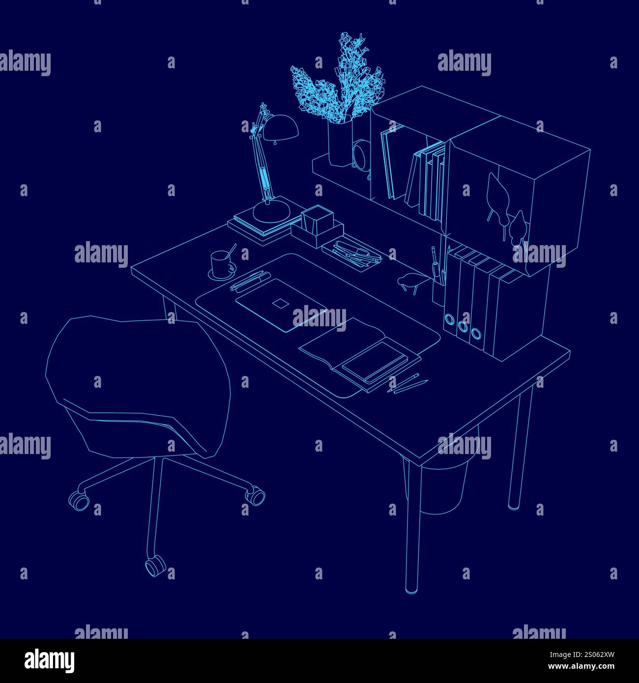 Blue drawing of a desk with a chair, a lamp, a laptop, and a potted ...