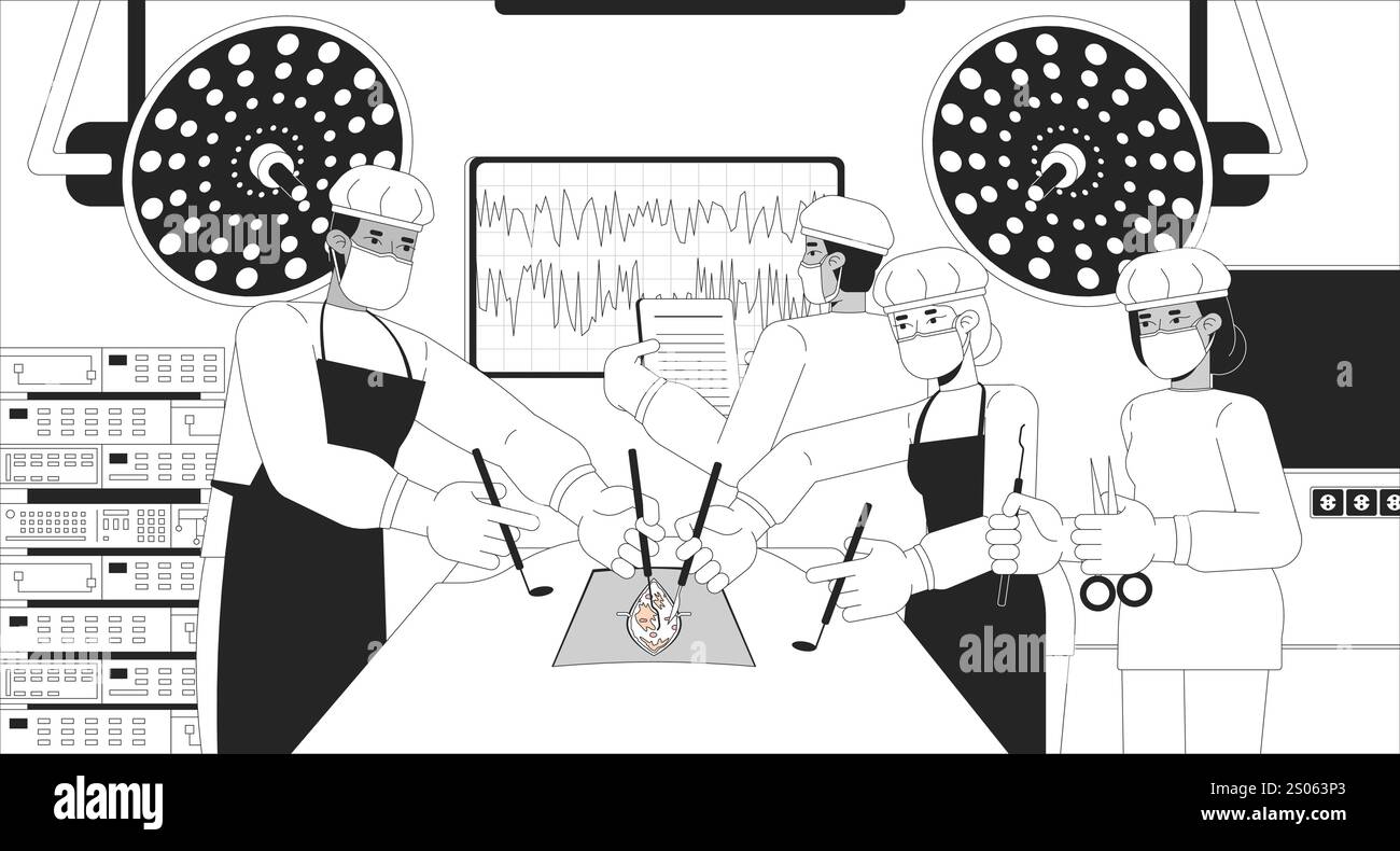 Multicultural doctors performing surgery black and white line illustration Stock Vector