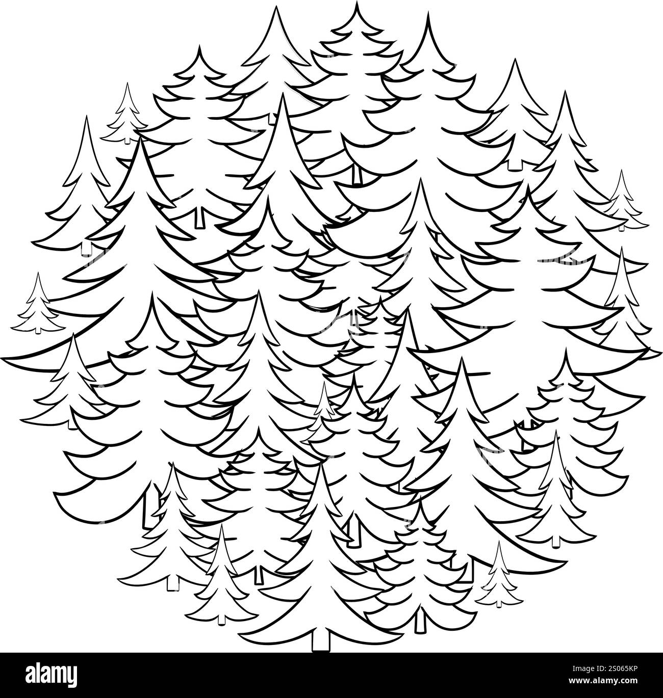 Round pine tree forest Composition. Circle round template in graphic line style, vector illustration Stock Vector