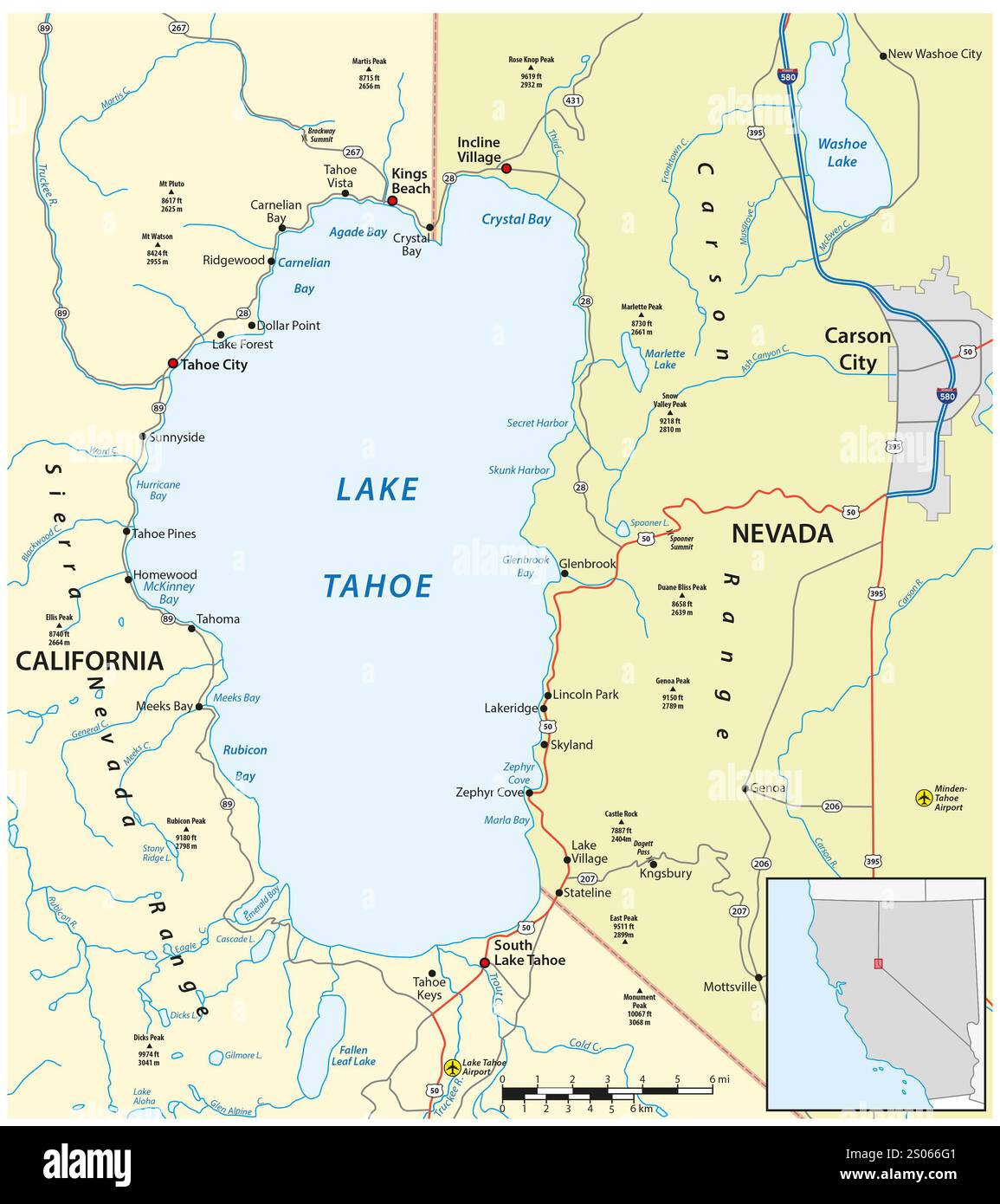 Map of Lake Tahoe, California, Nevada, USA Stock Photo Alamy