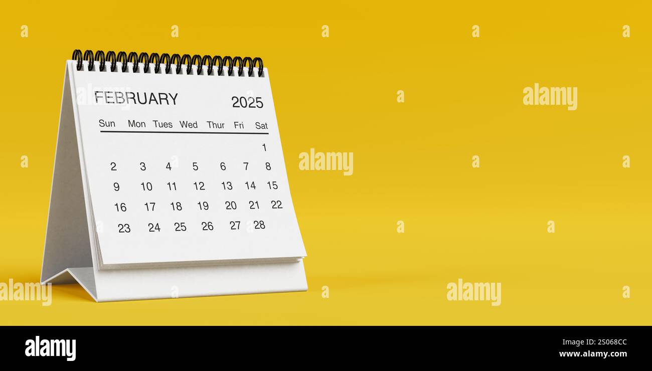 White Desk Monthly February 2025 Business Calendar on a yellow ...