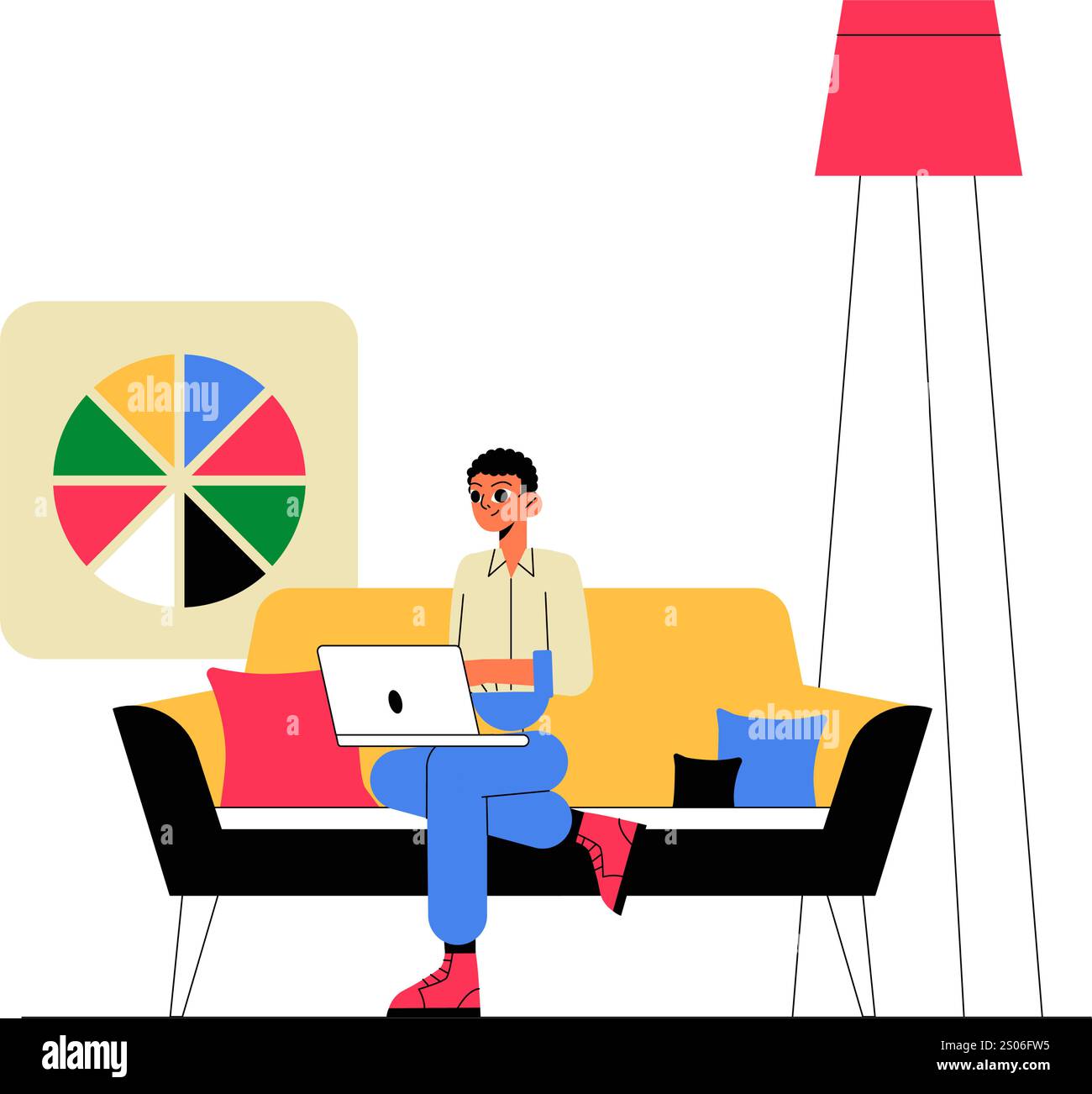 Male Character Using Laptop On Couch In Flat Vector Illustration ...