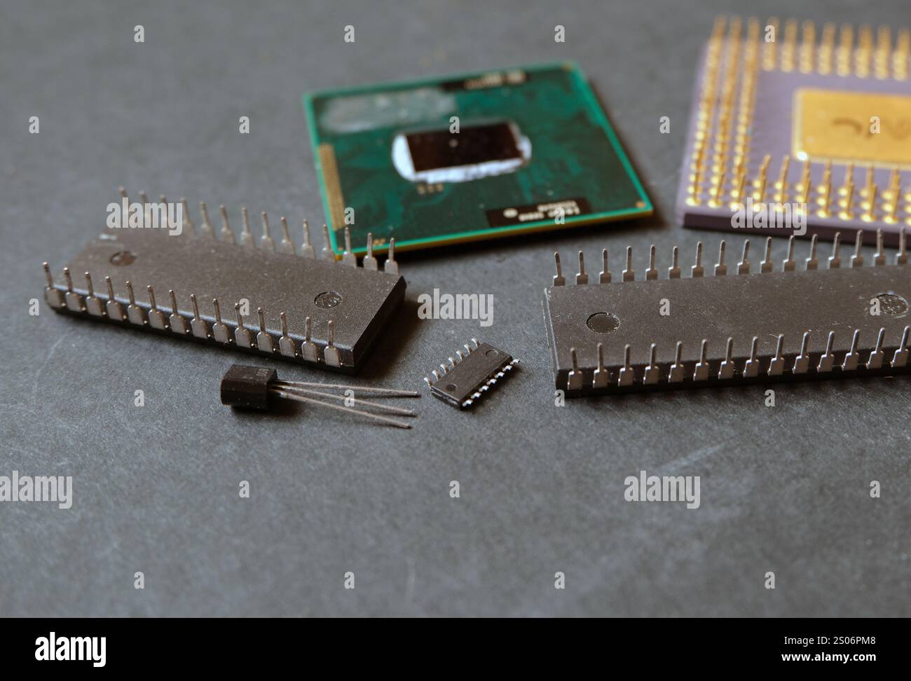 Semiconductor electronic components. Integrated circuits, microprocessors. Selected focus. Stock Photo