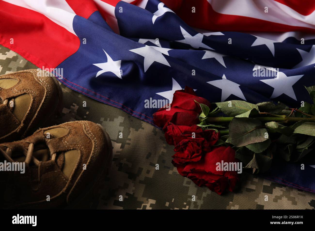 Veterans day. American flag, roses and military uniform, flat lay Stock ...