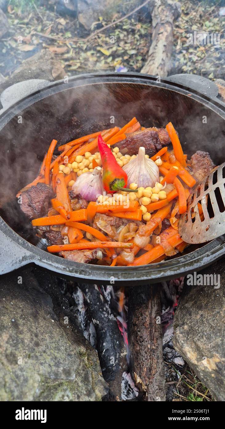 depicts a cauldron placed on a fire in the open air. Various ingredients for pilaf are prepared in a cauldron: meat, carrots, onions, garlic Stock Photo