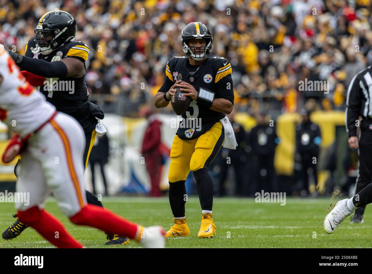 Pittsburgh Steelers quarterback Russell Wilson (3) looks to pass during an NFL football game