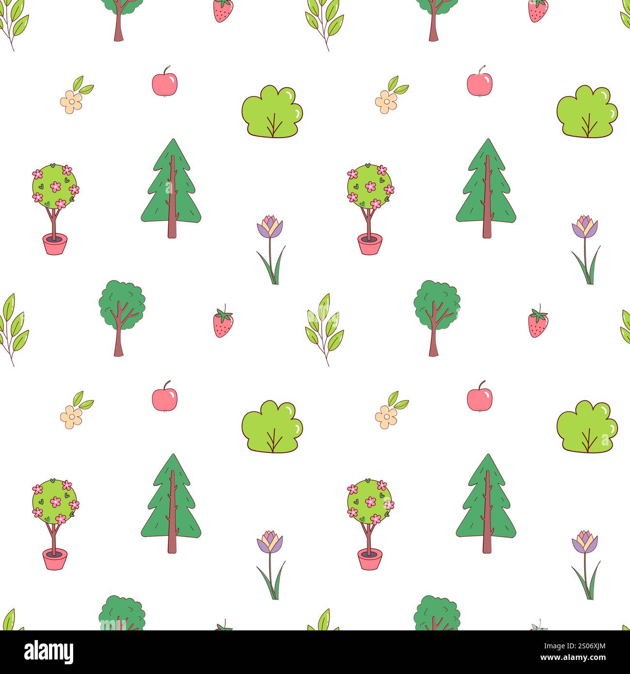 Spring seamless pattern with fruits, flowers and trees Stock Vector