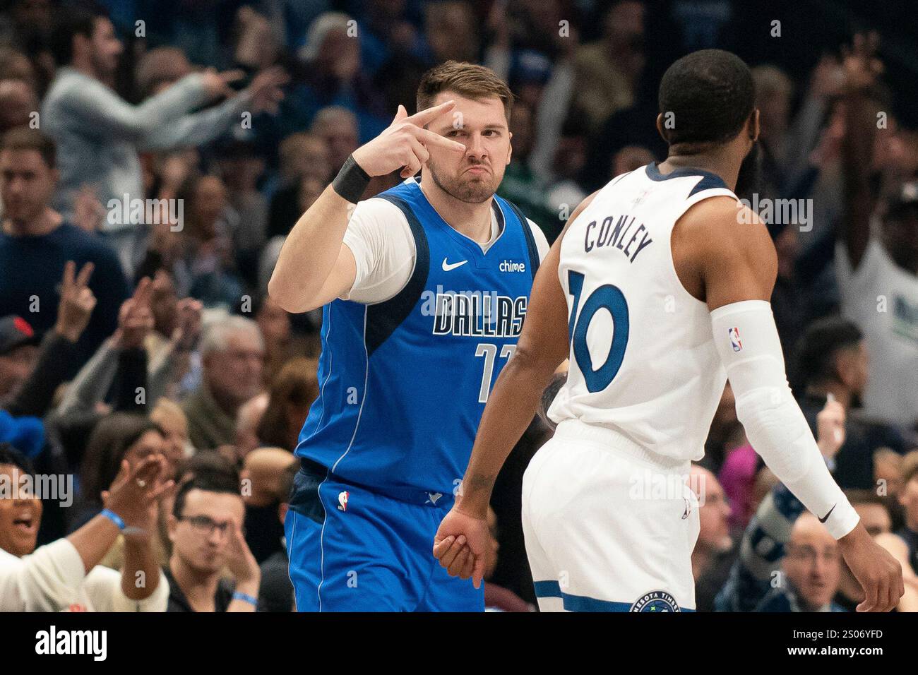 Dallas Mavericks guard Luka Doncic (77) celebrates after hitting a ...