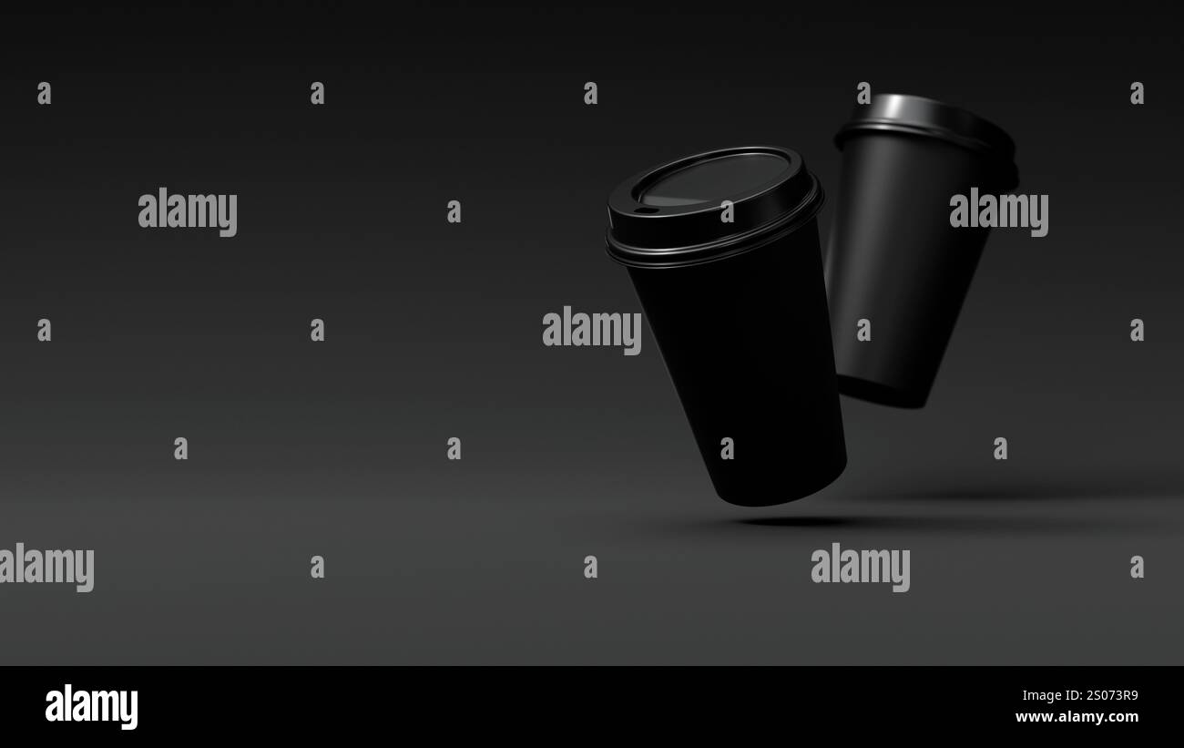 Two Minimalist Black Blank Paper Coffee Cup floating above black ...