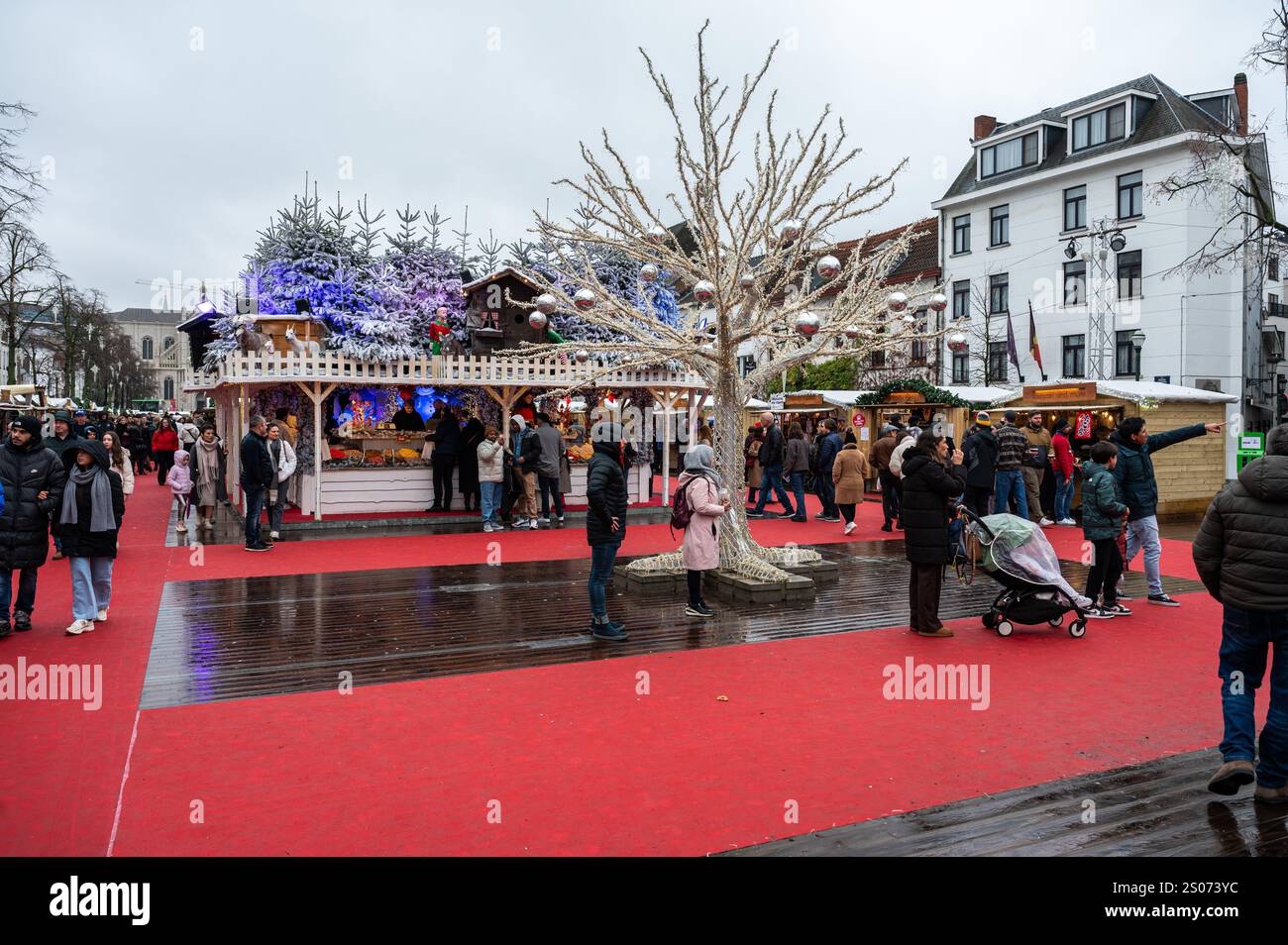Food stalls at the Christmas market at Brussels Sainte Catherine, Belgium, DEC 25, 2024 Stock Photo