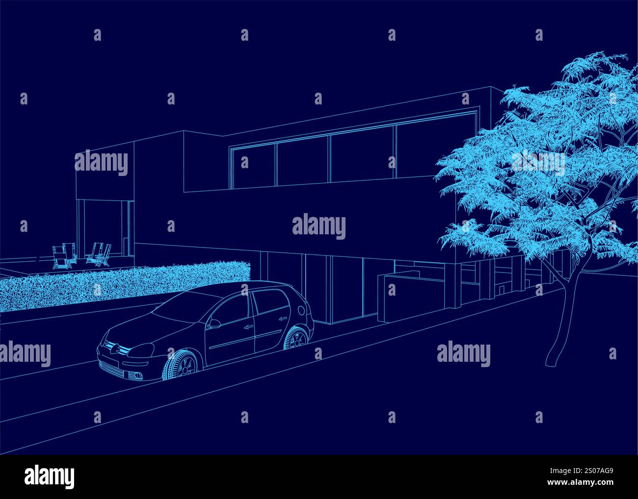 The image is a blue drawing of a house with a car parked in front of it ...