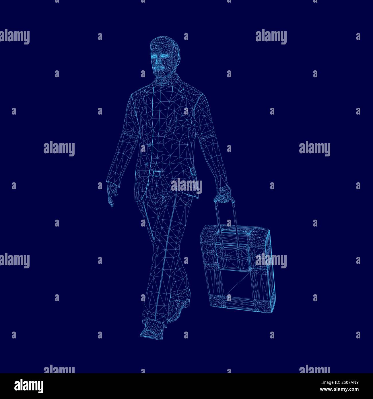 Man is walking with a briefcase in his hand. The image is in blue and ...