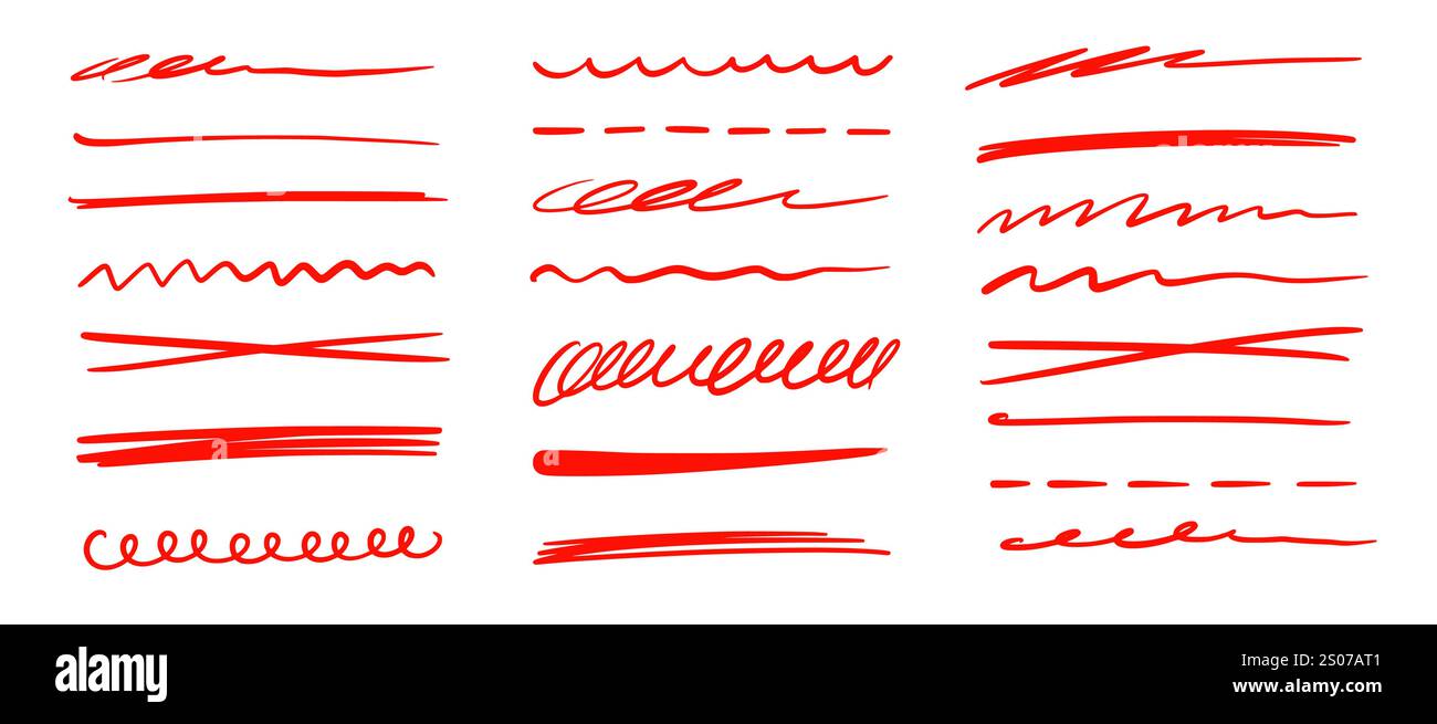 Red marker underline brush stroke set. Marker red pen highlights ...