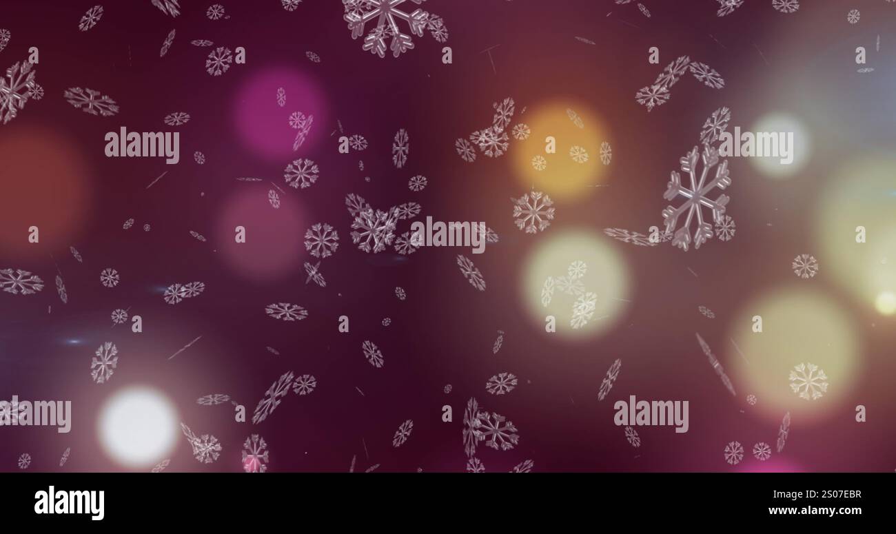 Image of snowflakes falling against glowing spots of light on red ...