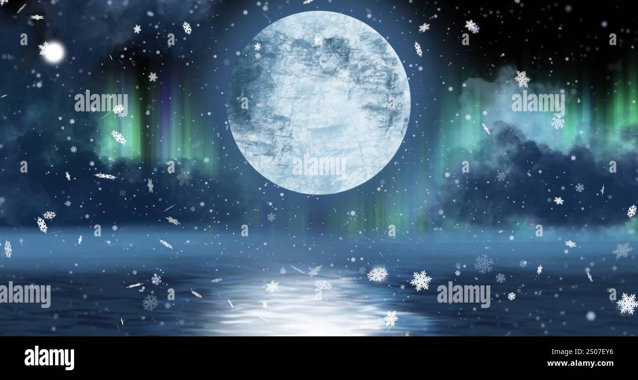 Image of full moon, snow falling and aurora borealis in christmas winter scenery background Stock Photo