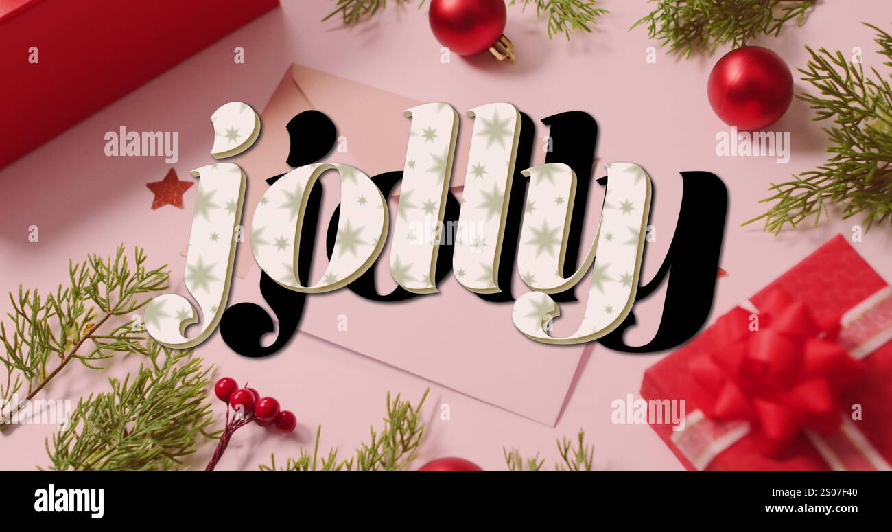 This image features red christmas decorations and envelopes on a white background Stock Photo