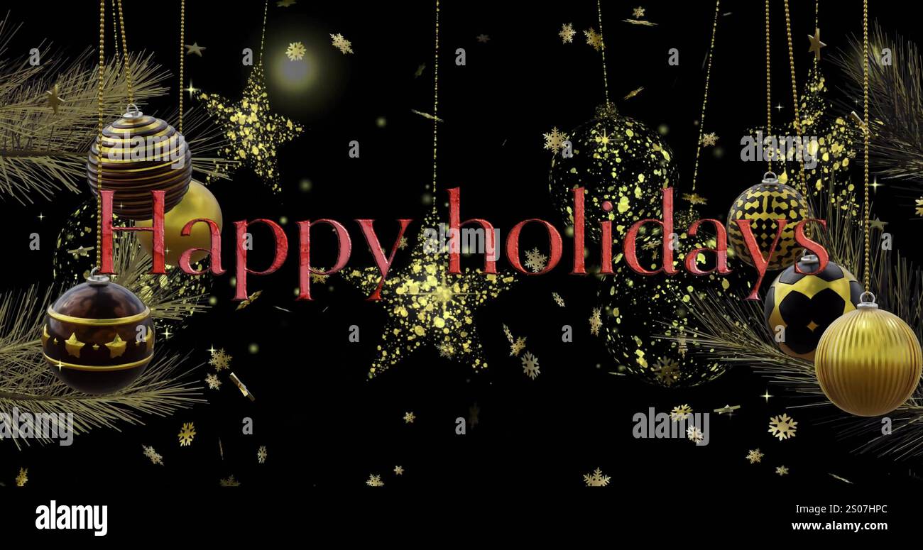 Image of happy holidays text with baubles and stars hanging over lens flare on black background Stock Photo