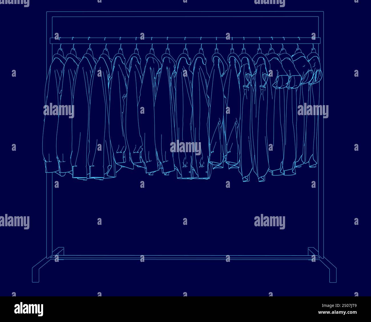 The image is a blue drawing of a clothes rack with various pieces of ...