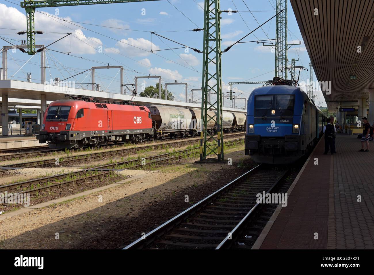 OBB Austrian Railways freight train passing through Kelenfold railway station, Budapest, Hungary, June 2024 Stock Photo