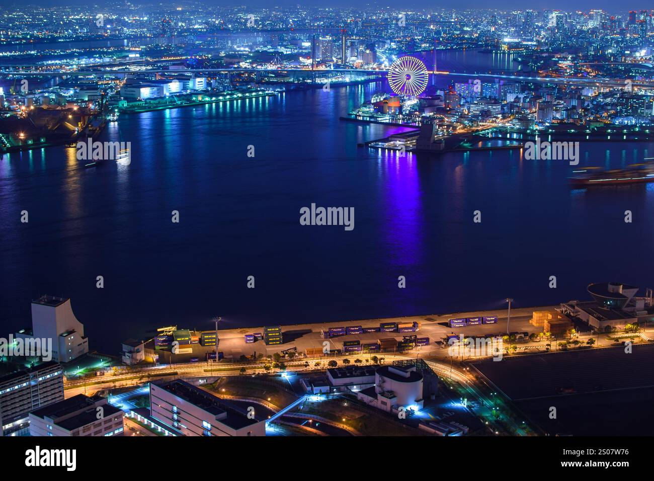 Areal view of Osaka port area and Osaka night cityscape, view from ...
