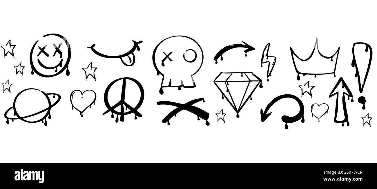 Graffiti y2k groovy tattoo hand drawn paint with splatter street drawing seamless border. Heart, smile arrow elements, ink print. Trendy splash brush illustrations. Vector illustration Stock Vector